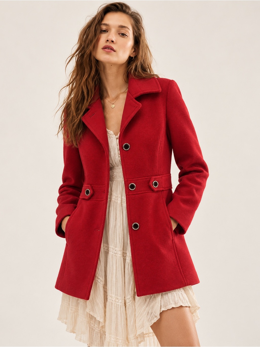 Calvin Klein Crimson Red Wool Blend Peacoat with Buttoned Waist
